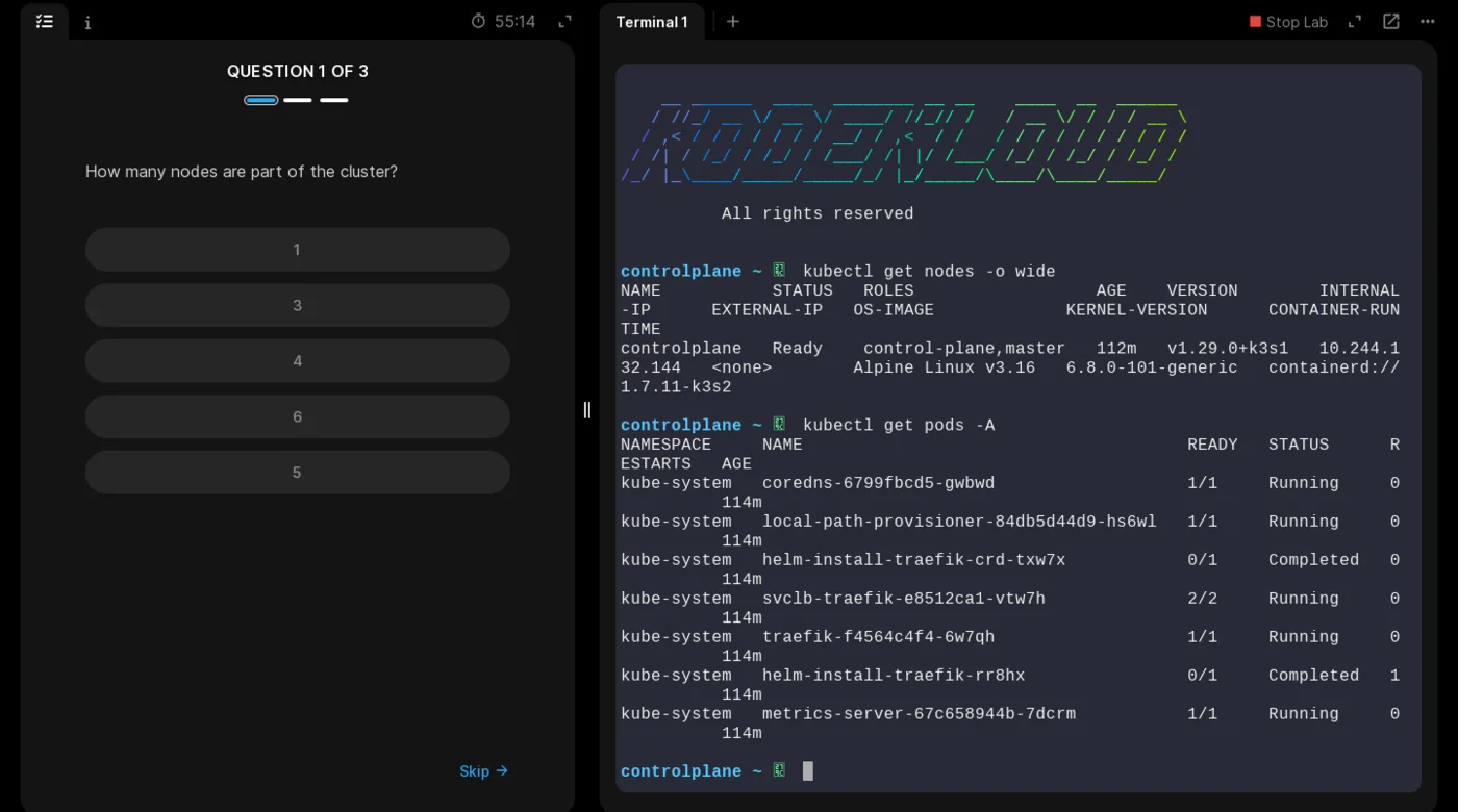 A KodeKloud Kubernetes lab. The left pane asks how many nodes are part of the cluster. The right pane shows a terminal on the controlplane node. kubectl get nodes -o wide reports a Ready control-plane running k3s v1.29.0 on Alpine Linux with containerd 1.7.11 as the runtime. kubectl get pods -A lists the kube-system namespace: coredns, local-path-provisioner, traefik and its helm install jobs, svclb-traefik and metrics-server, all Running or Completed.