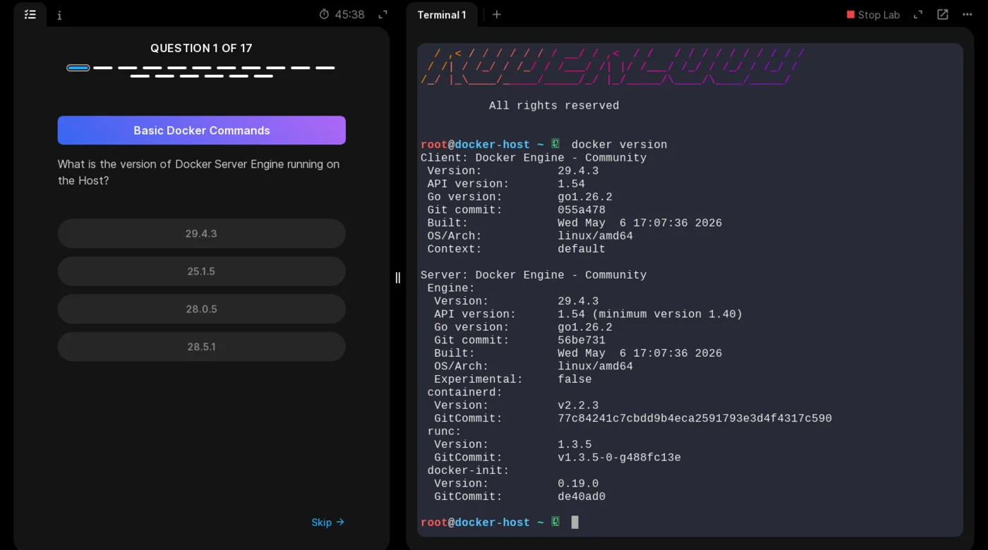 A KodeKloud Docker lab in progress. The left pane shows Question 1 of 17 asking which version of the Docker Server Engine is running on the host, with four multiple-choice answers. The right pane is a live terminal logged in as root@docker-host showing real output from the docker version command, including Docker Engine Community 29.4.3, containerd 2.2.3 and runc 1.3.5. A 45-minute session timer and a Stop Lab button sit above the terminal.
