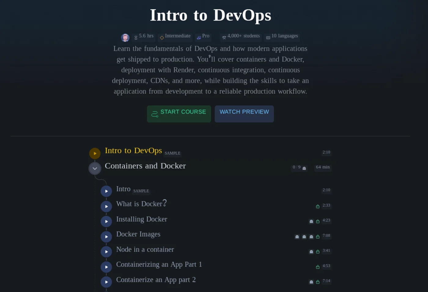 The Intro to DevOps curriculum on Scrimba, showing the Containers and Docker module expanded into individual lessons including What is Docker, Installing Docker, Docker Images, Node in a container, Containerizing an App parts one and two, and Docker Hub, each with its own runtime.