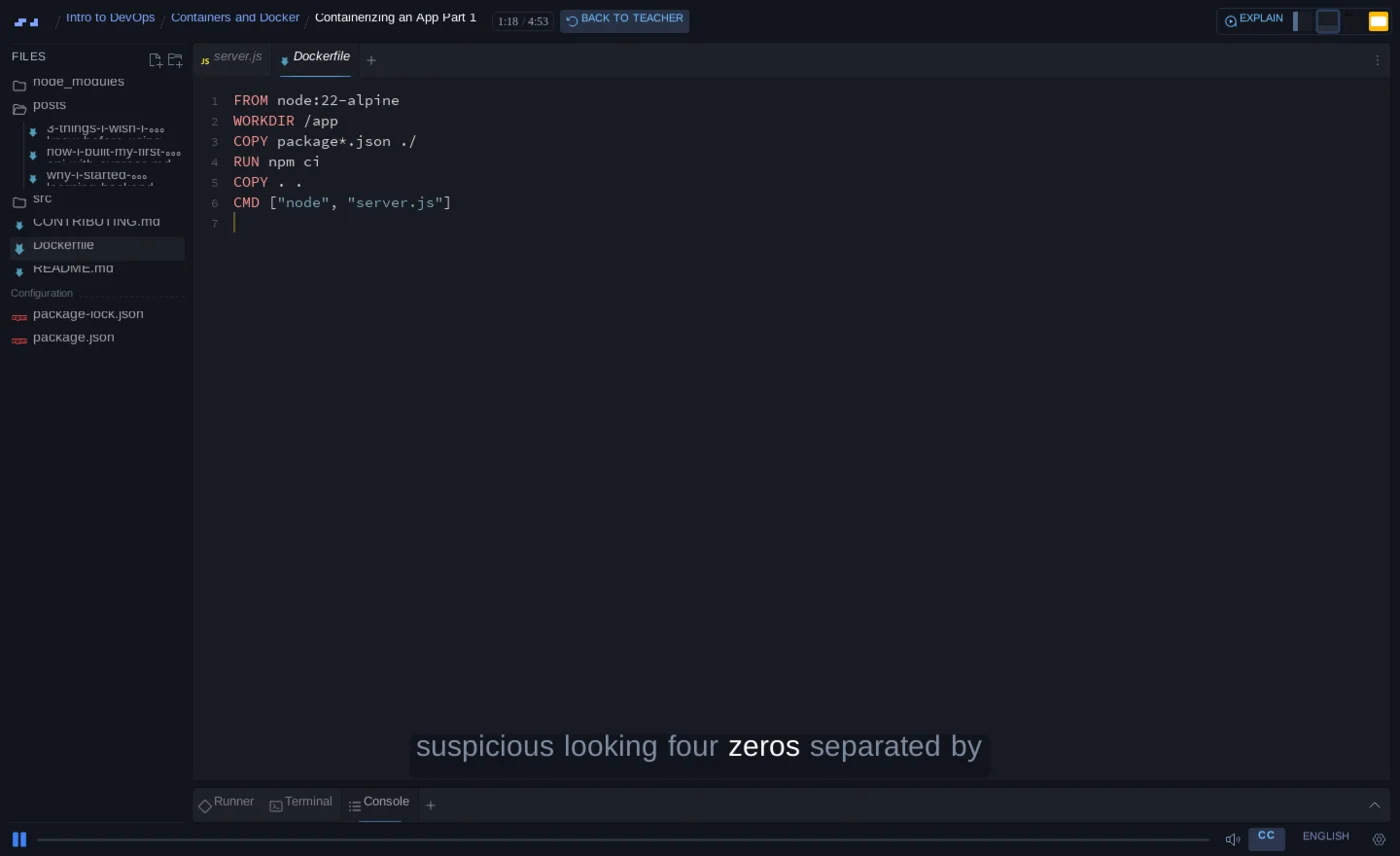 The same lesson with the Dockerfile open, showing FROM node:22-alpine, WORKDIR /app, COPY package star json, RUN npm ci, COPY dot dot and CMD node server.js. A Back To Teacher button has appeared in the toolbar because the code has been edited.