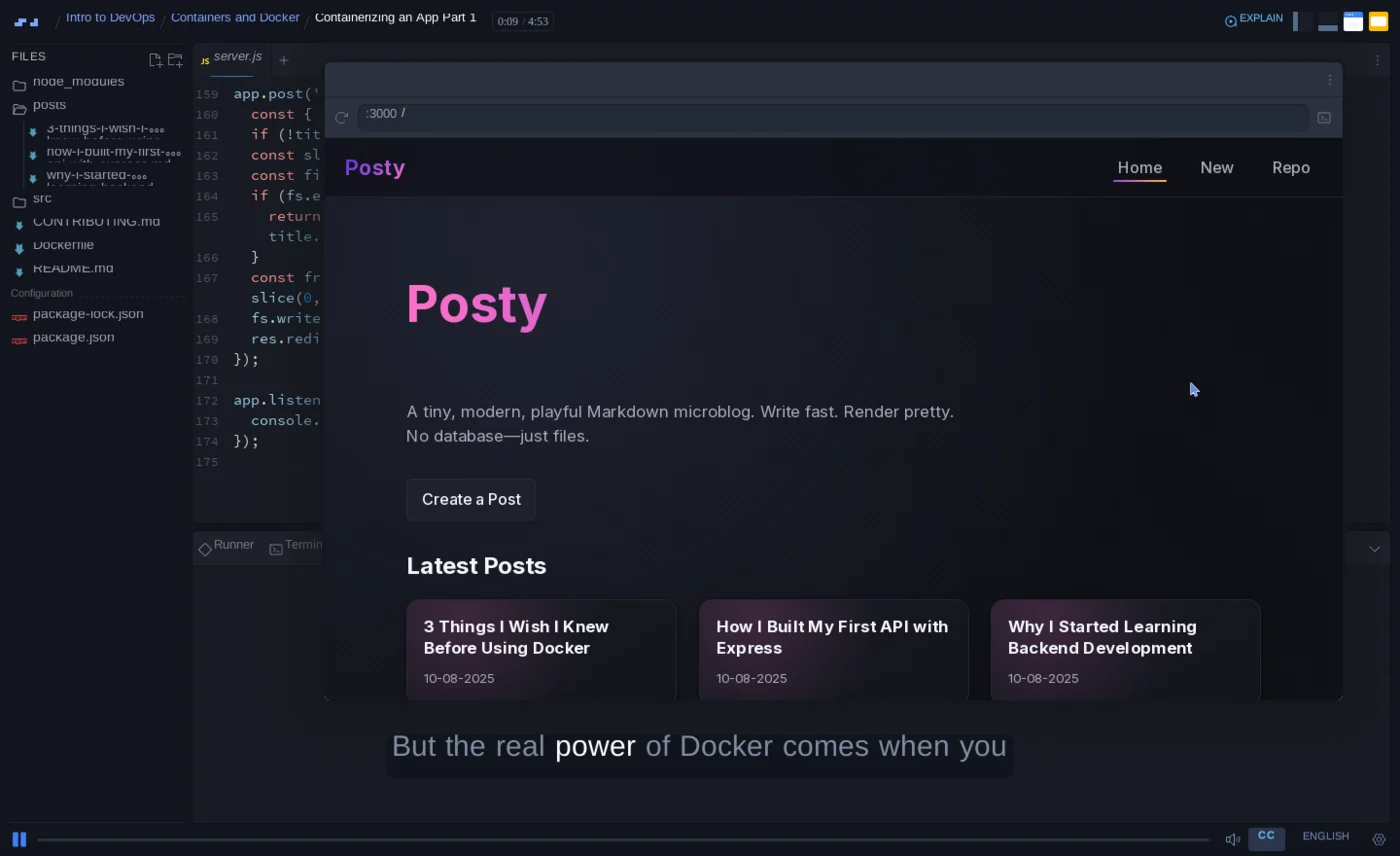 A Scrimba lesson from the Containers and Docker module. The file tree shows a real project with a Dockerfile, the editor displays server.js, and a live preview pane runs the finished app on port 3000 alongside Runner and Terminal tabs.