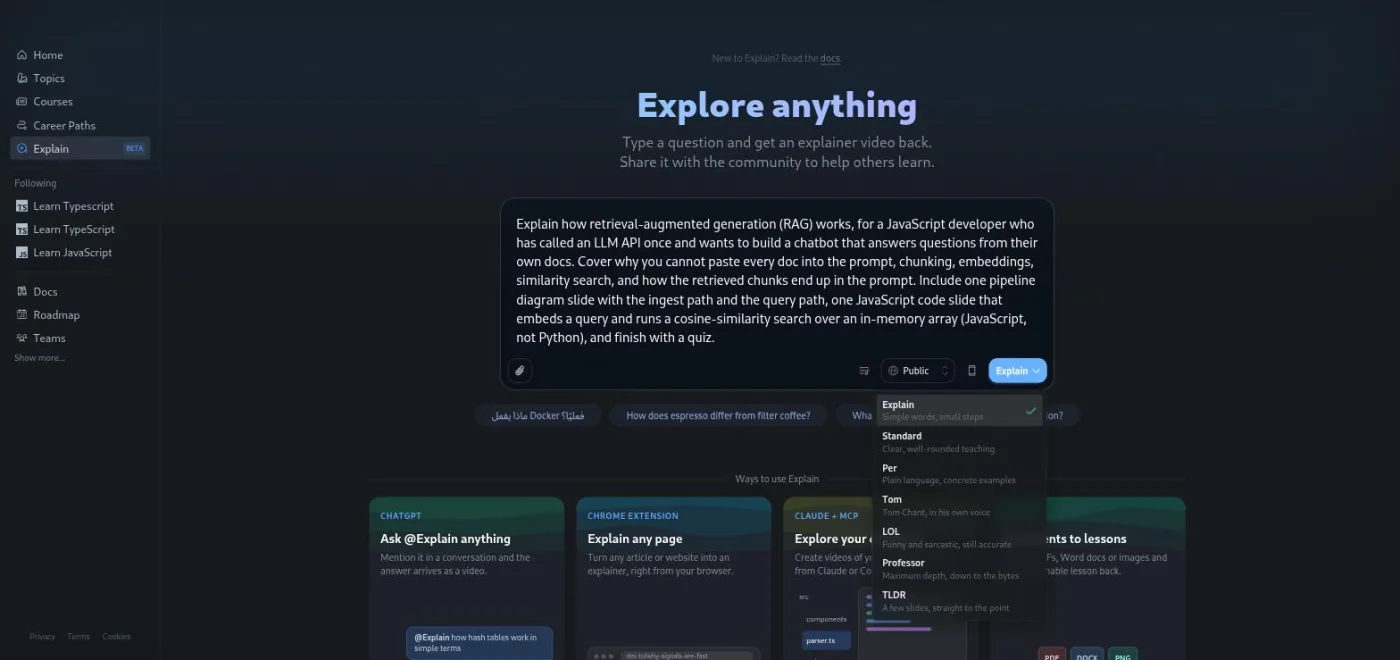 The Scrimba Explain composer with the RAG prompt typed in and the teaching style menu open under the Explain button, listing Explain (checked), Standard, Per, Tom, LOL, Professor and TLDR, each with a one-line tagline