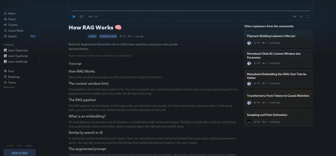 A finished Scrimba Explain explainer page titled How RAG Works, with a 1:27 duration and 2 views in the meta row, the AI disclaimer, and a transcript with headings How RAG Works, The context window limit, The RAG pipeline, What is an embedding, Similarity search in JS and The augmented prompt. A right rail lists other community explainers.
