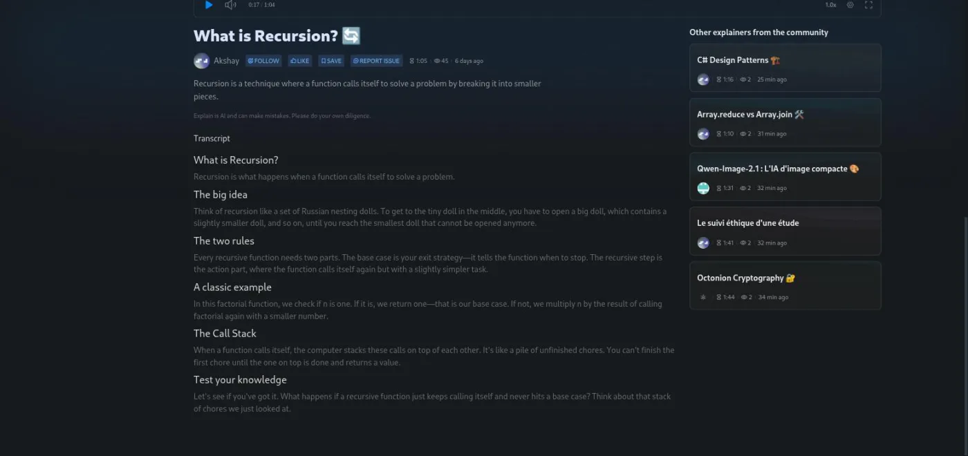 A Scrimba Explain explainer page titled What is Recursion, showing the author row with Follow, Like, Save and Report issue buttons, the AI disclaimer, and a transcript with headings The big idea, The two rules, A classic example, The Call Stack, and Test your knowledge