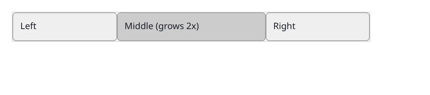 Three panels in a row where the middle panel is twice as wide as the outer two because of flex-grow 2
