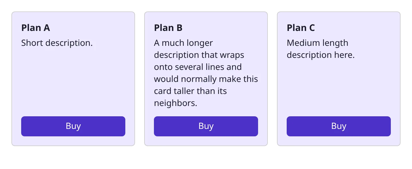 Three pricing cards of equal height in a row, each Buy button aligned to the bottom regardless of text length