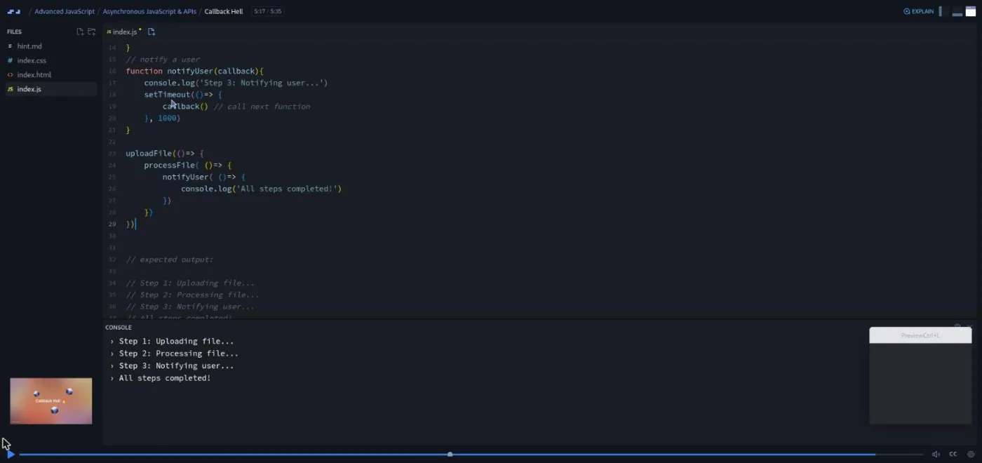 Advanced JavaScript, Callback Hell lesson: code editor showing deeply nested callback functions.