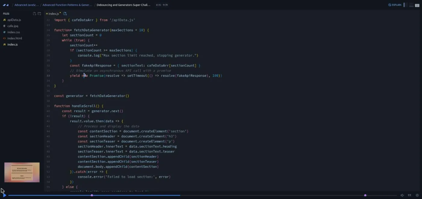 Advanced JavaScript, Debouncing and Generators Super Challenge: code editor mid-fix on a generator function.