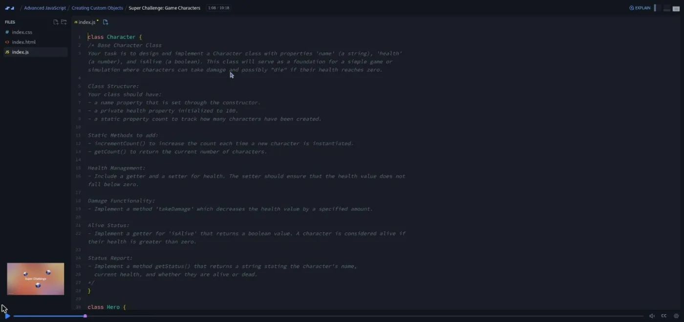 Advanced JavaScript, Super Challenge Game Characters: code editor showing an empty class with a challenge comment.