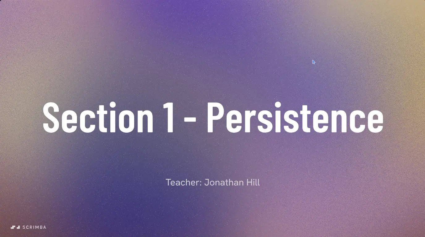 Title card for module 4 of Scrimba's Advanced React course: Section 1, Persistence, Teacher: Jonathan Hill, on a purple gradient
