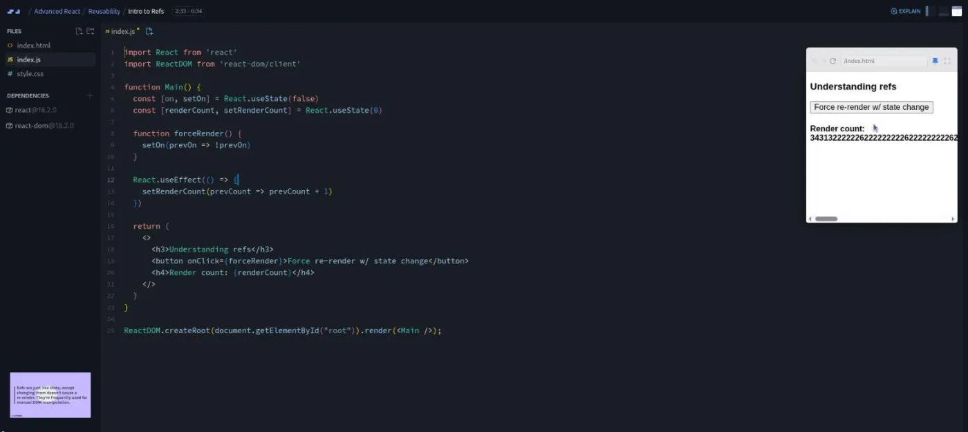 Advanced React, Intro to Refs lesson: the preview shows a render counter spiraling out of control in an infinite loop.