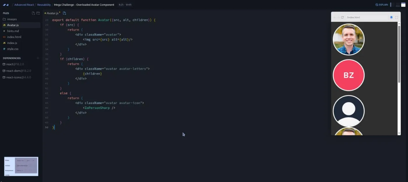 Advanced React, Mega Challenge lesson: the preview shows one Avatar component rendering a photo, initials, and an icon.