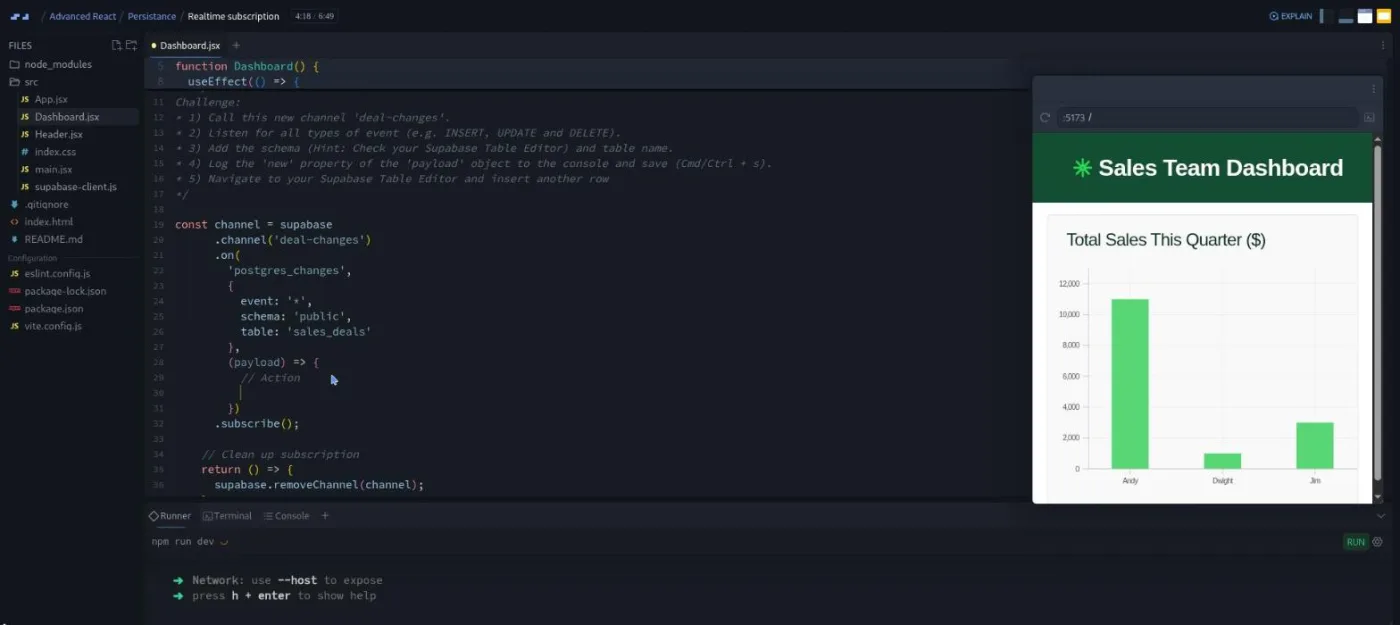 Advanced React, Realtime subscription lesson: the preview shows a sales dashboard bar chart next to a running dev server.