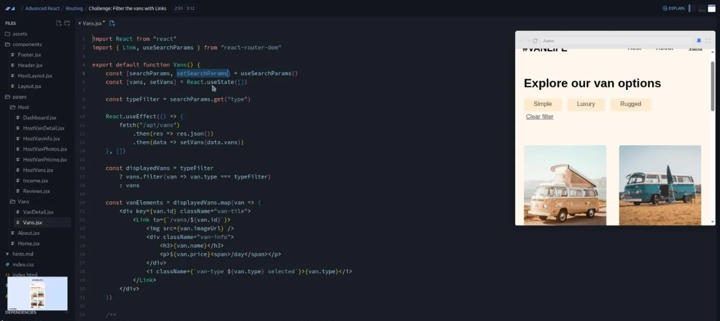 Advanced React, VanLife lesson: the preview shows the van listing page with filter buttons above two van photos.