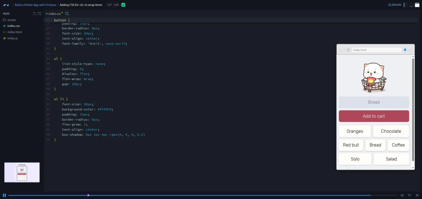 Build a Mobile App with Firebase, CSS for list items lesson: the finished Add to Cart app preview with wrapped item chips.