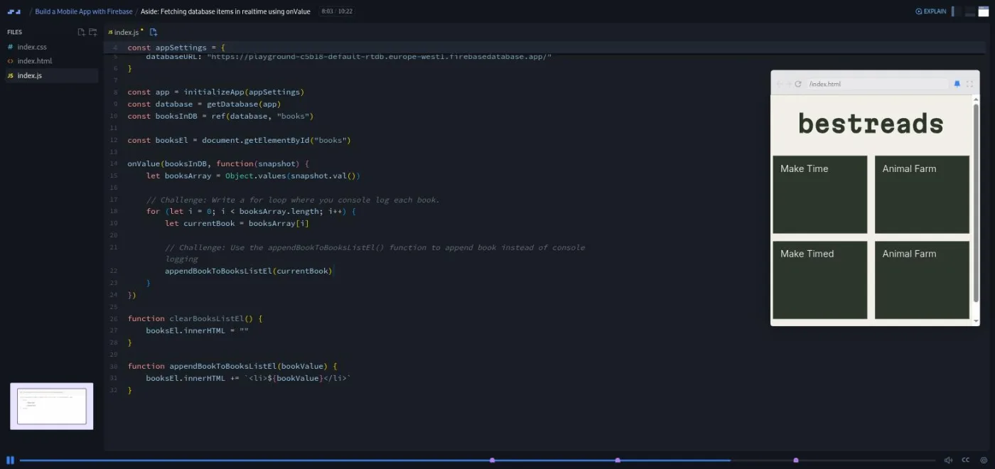 Build a Mobile App with Firebase, onValue aside: the book list preview shows duplicated entries after a database edit.