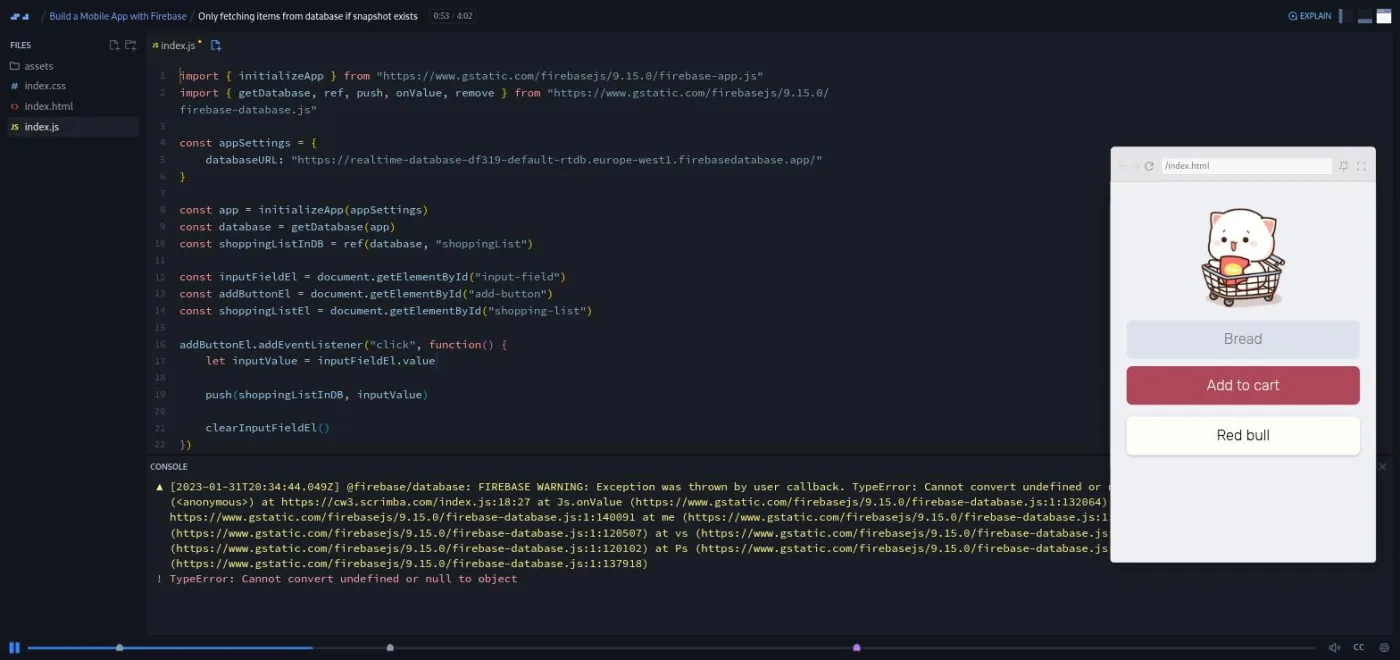Build a Mobile App with Firebase, lesson 21: the console shows a TypeError after an item is deleted from the list.