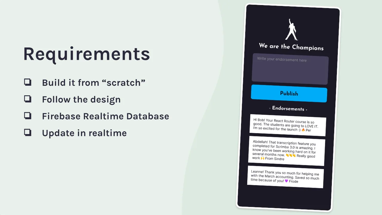 Build a Mobile App with Firebase, We Are the Champions project brief: a requirements list beside a phone mockup of the app.