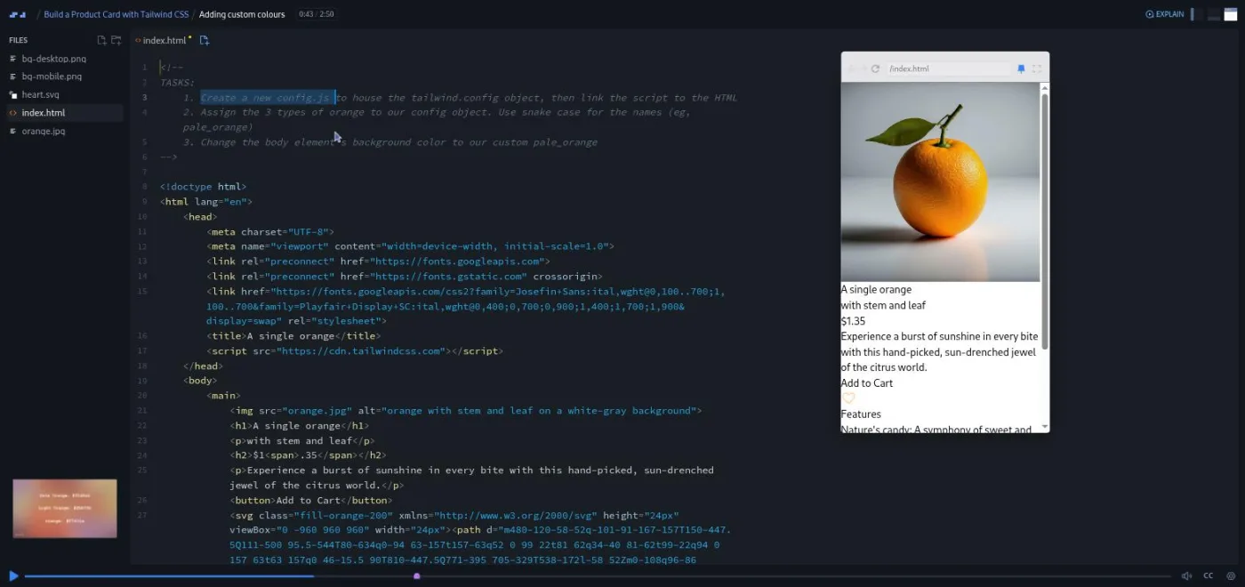 Build a Product Card with Tailwind CSS, Adding custom colours challenge: code editor with a task list beside an unstyled preview.