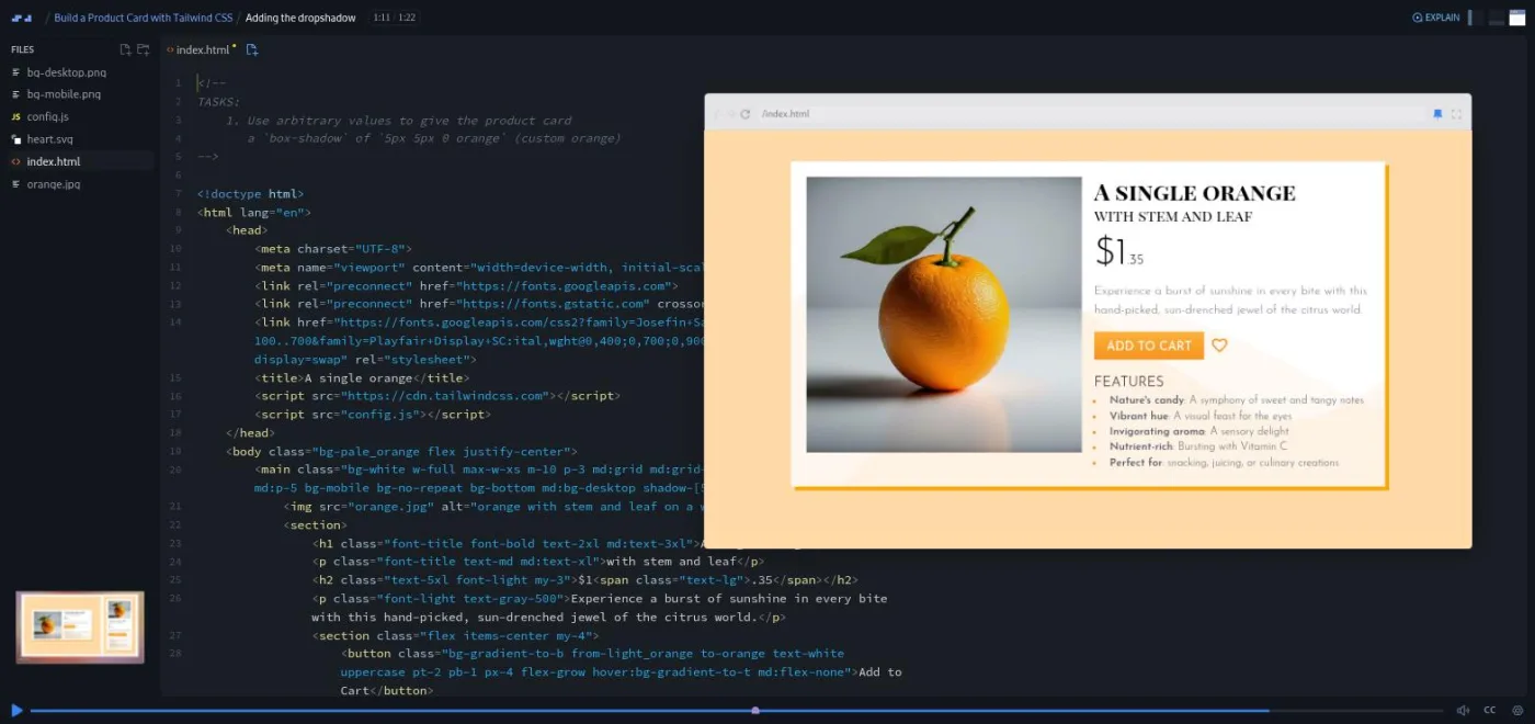 Build a Product Card with Tailwind CSS, Adding the dropshadow lesson: code editor beside the finished product card with its orange shadow.