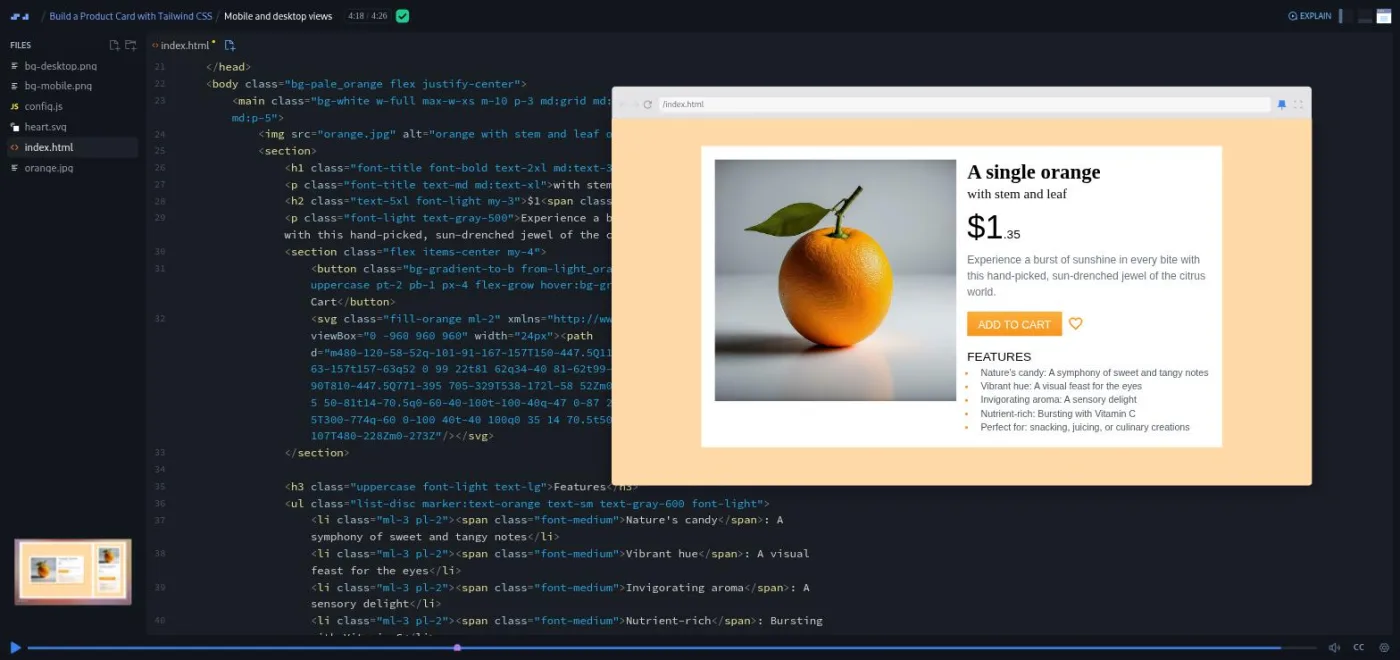 Build a Product Card with Tailwind CSS, Mobile and desktop views lesson: code editor beside a two-column preview of the product card.