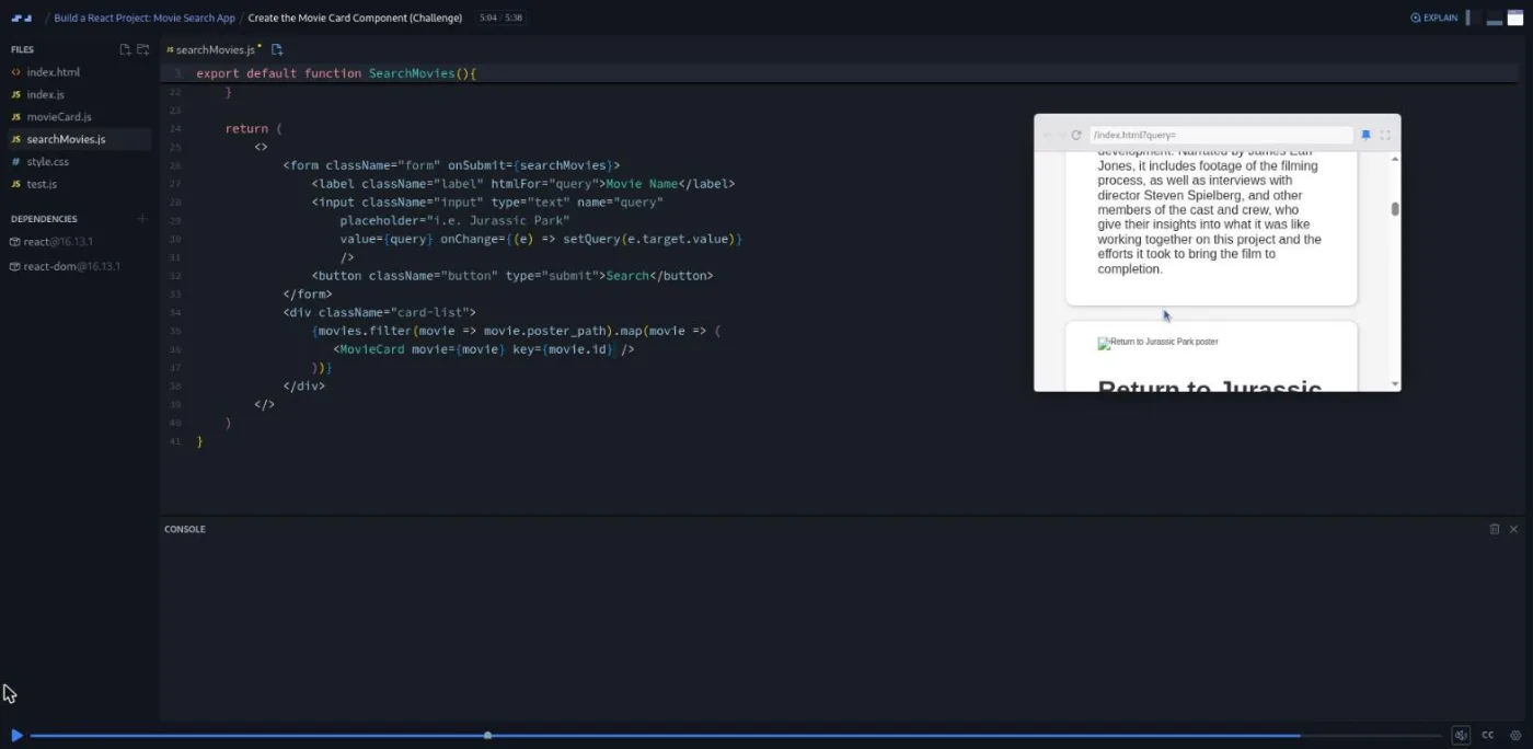 Movie Search App, Movie Card Component challenge: the code now renders movie cards with no console warnings left.