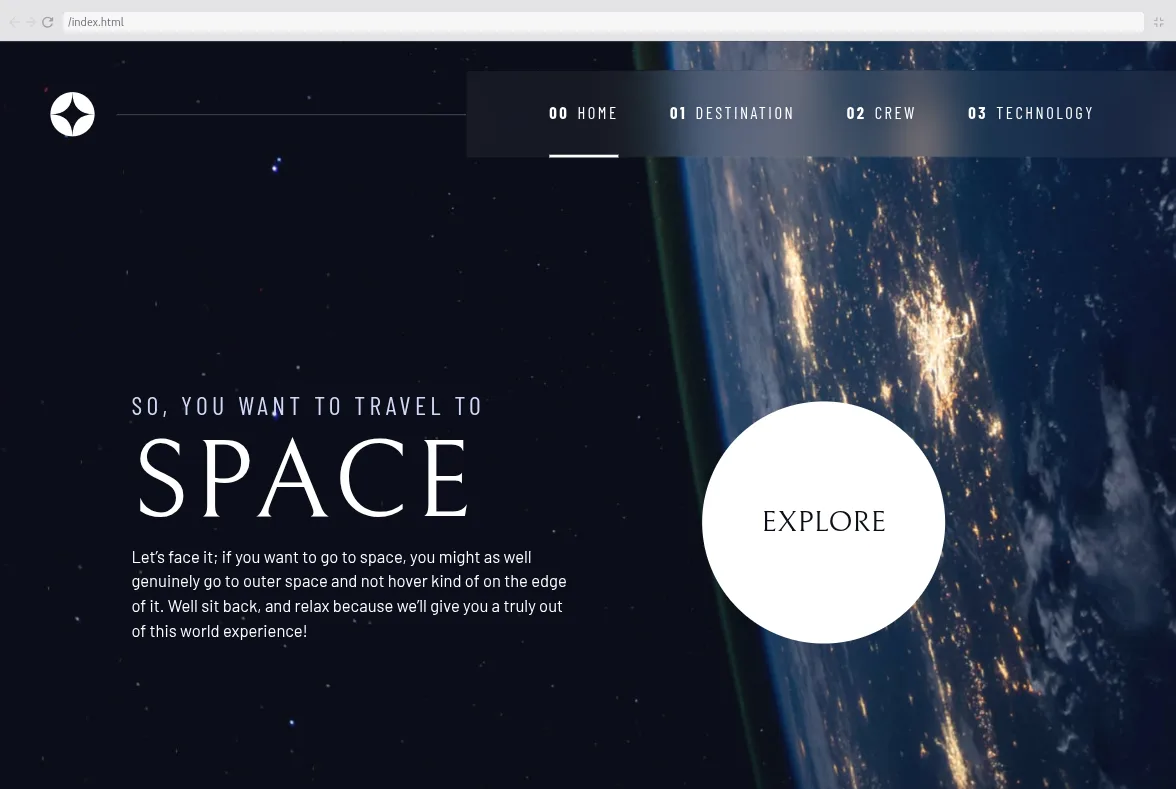 Build a Multi-Page Website with HTML and CSS: the finished Space Travel homepage with a starfield and Explore button.