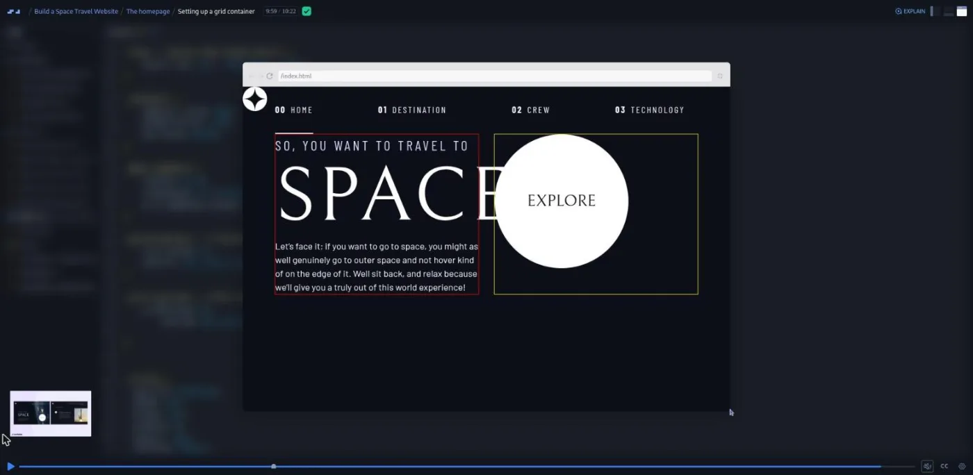 Build a Multi-Page Website with HTML and CSS, grid container lesson: the preview with two columns outlined in red and yellow.