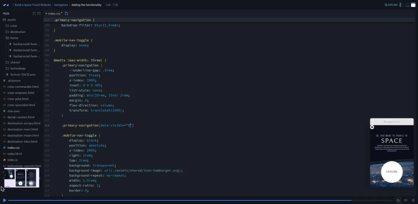 Build a Multi-Page Website with HTML and CSS, mobile nav lesson: the code editor beside a phone-sized preview of the menu.