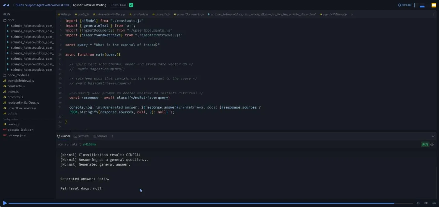 Build a Support Agent with Vercel AI SDK, Agentic Retrieval Routing lesson: code editor and terminal output showing the classifier's result.