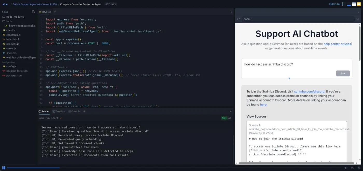 Build a Support Agent with Vercel AI SDK, finished agent lesson: code editor beside a live chatbot preview answering a support question with sources.
