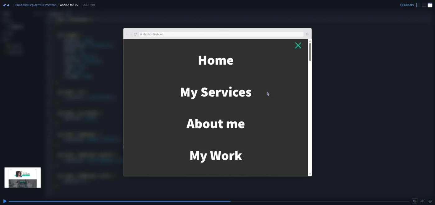 Build and Deploy Your Portfolio, Adding the JS lesson: a browser preview with the mobile navigation menu open full screen.