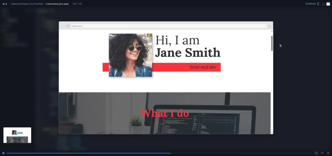 Build and Deploy Your Portfolio, Customizing your page lesson: a browser preview of the portfolio site now in a red accent color.