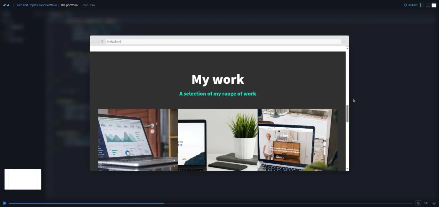 Build and Deploy Your Portfolio, The portfolio lesson: a browser preview of a dark work section with a grid of project photos.