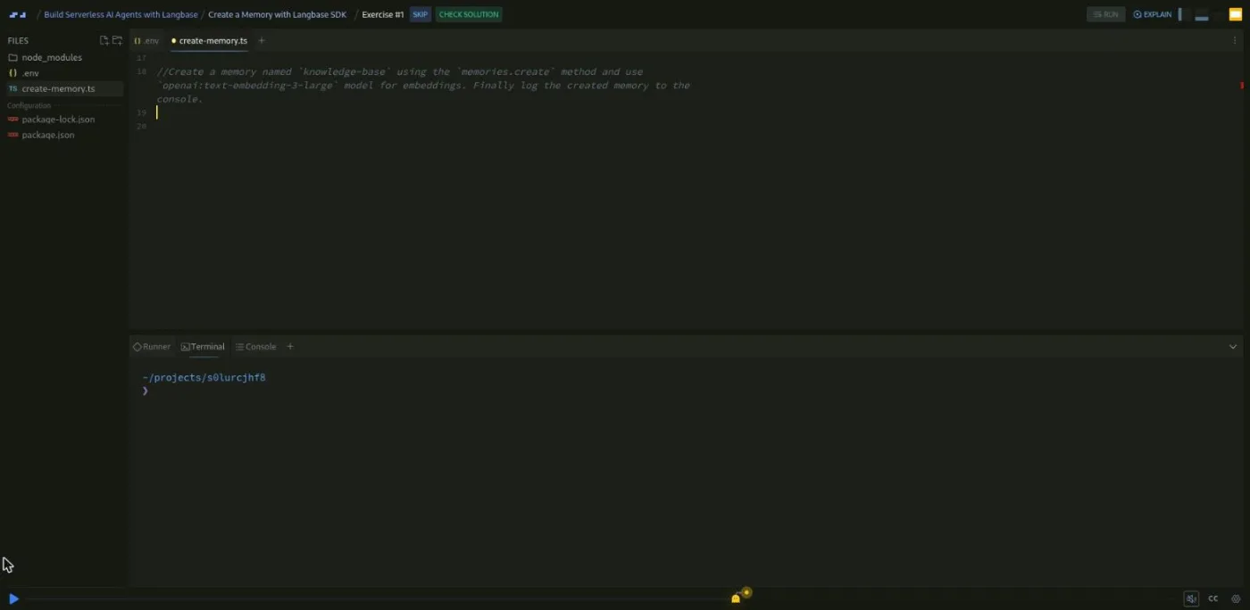 Build Serverless AI Agents with Langbase, Create a Memory challenge: a code editor sits above an empty terminal waiting for the run.