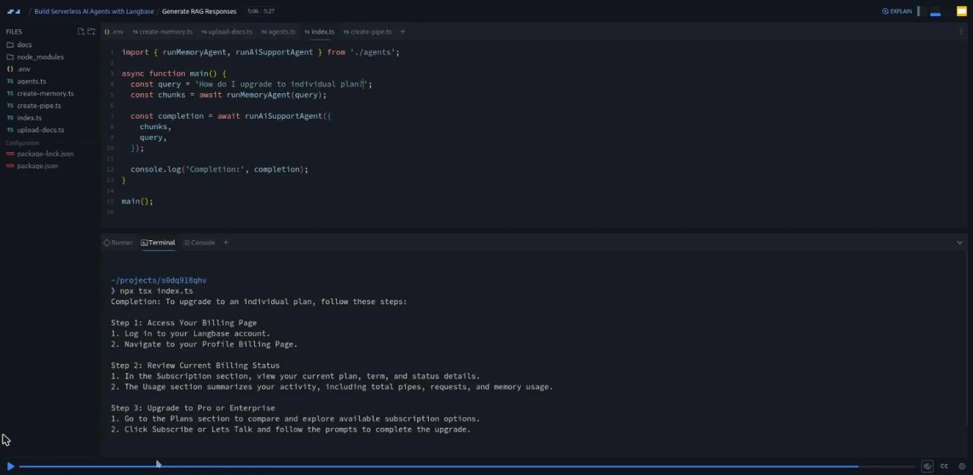 Build Serverless AI Agents with Langbase, Generate RAG Responses lesson: the terminal prints the finished agent's grounded answer.
