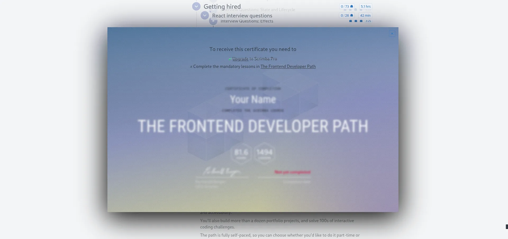 Locked Scrimba Frontend Developer Path certificate: a faded Certificate of Completion template with a Your Name placeholder and two requirements.