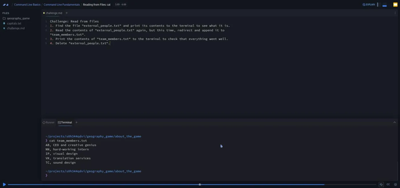 Command Line Basics, Reading from Files lesson: the terminal prints a merged team list after the challenge solution runs.