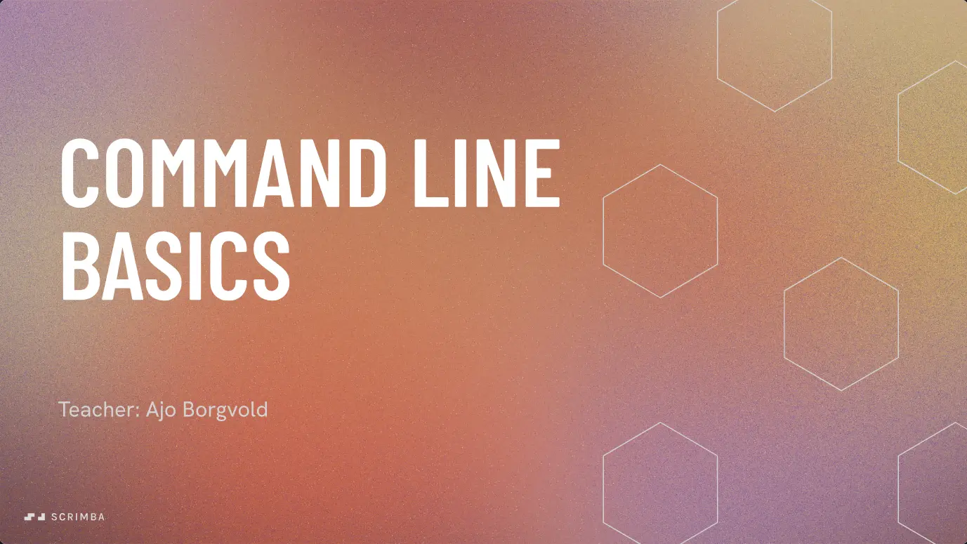 Title card of Scrimba's Command Line Basics course: the name and teacher Ajo Borgvold on an orange and purple gradient.