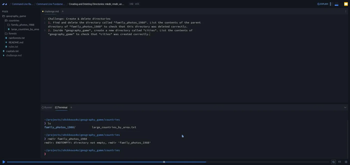 Command Line Basics, Creating and Deleting Directories lesson: the terminal shows an error after rmdir fails on a full folder.