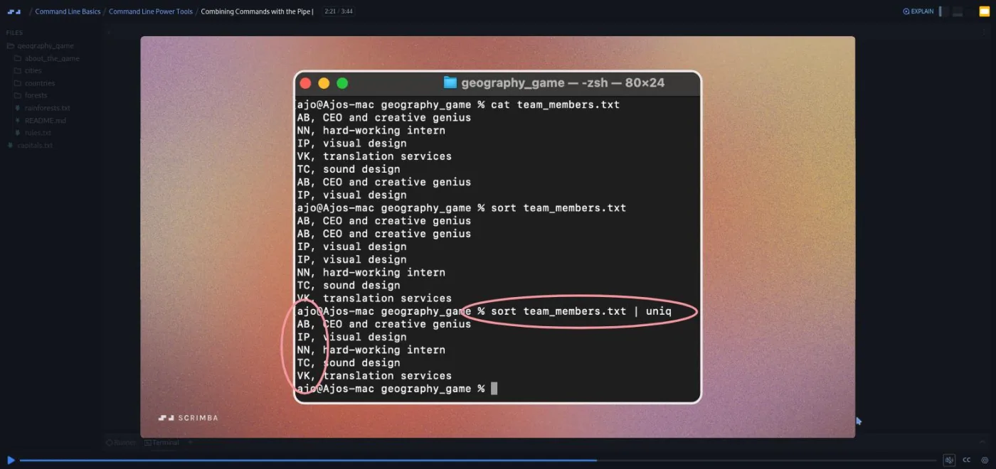 Command Line Basics, Combining Commands with the Pipe lesson: an annotated slide of a real terminal shows duplicates removed.