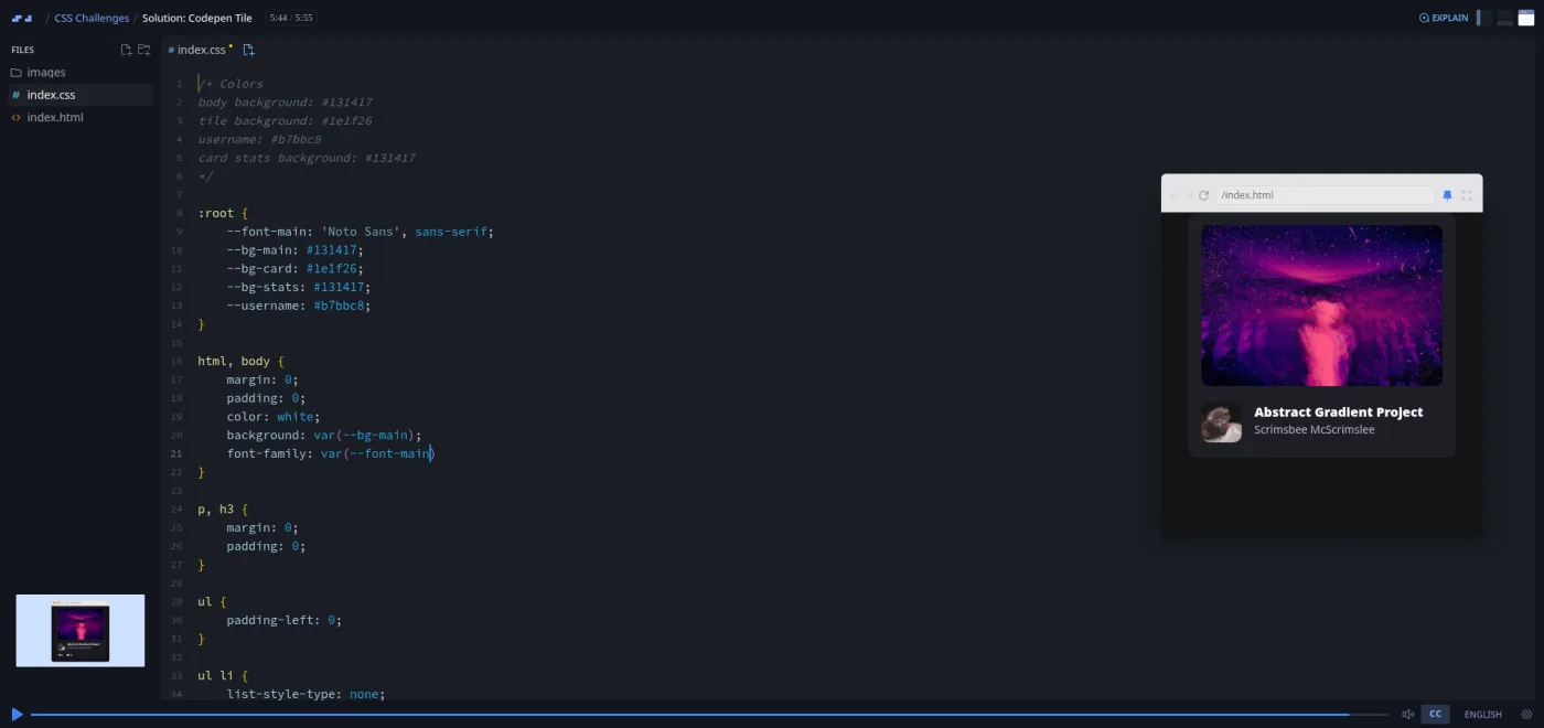 CSS Challenges, CodePen Tile solution: the preview shows the finished tile beside CSS variables in the editor.