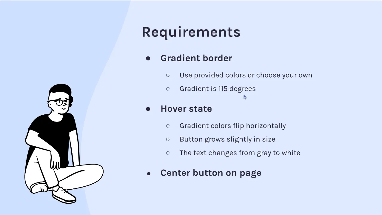 CSS Challenges, Colorful Button brief: a slide lists the gradient, hover and centering requirements to build.