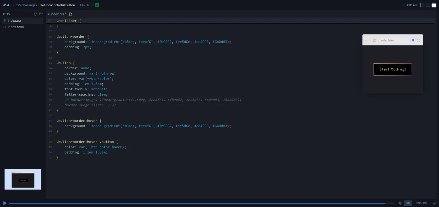 CSS Challenges, Colorful Button solution: the code editor sits beside a preview of the finished gradient button.