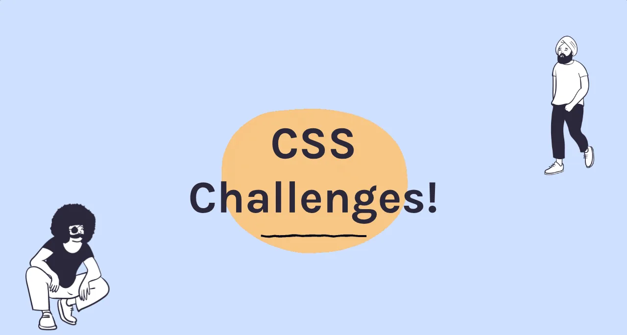 Title slide of Scrimba's CSS Challenges course: the words CSS Challenges on an orange blob over a pale blue background, with two illustrated people