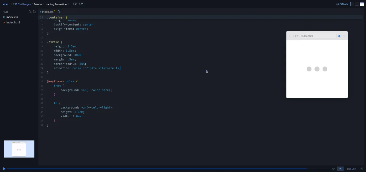 CSS Challenges, Loading Animation 1 solution: the editor shows a short keyframes block next to the pulsing dots preview.