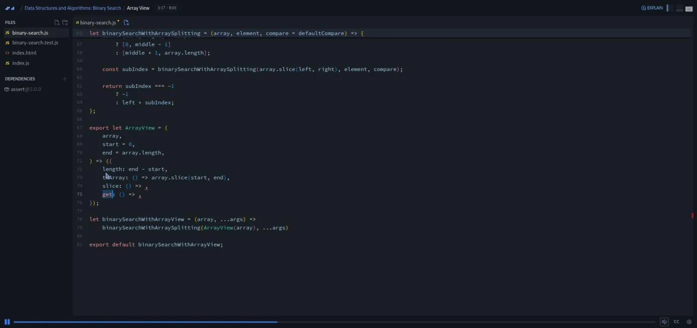 Data Structures and Algorithms: Binary Search, Array View lesson: the code editor showing the challenge's unfinished functions.