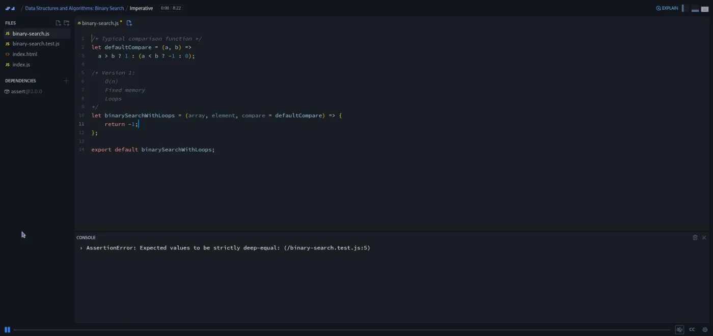 Data Structures and Algorithms: Binary Search, Imperative lesson: the code editor with a failing test in the console.