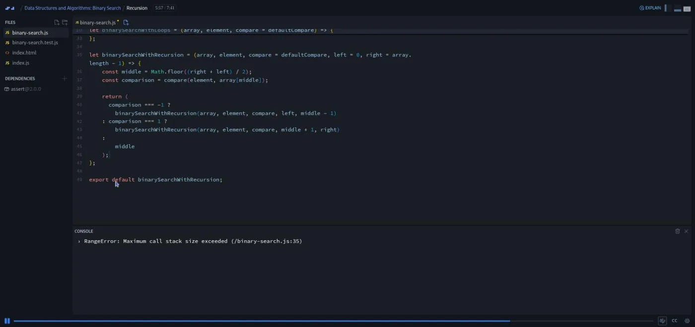 Data Structures and Algorithms: Binary Search, Recursion lesson: the console shows a stack overflow error after saving.