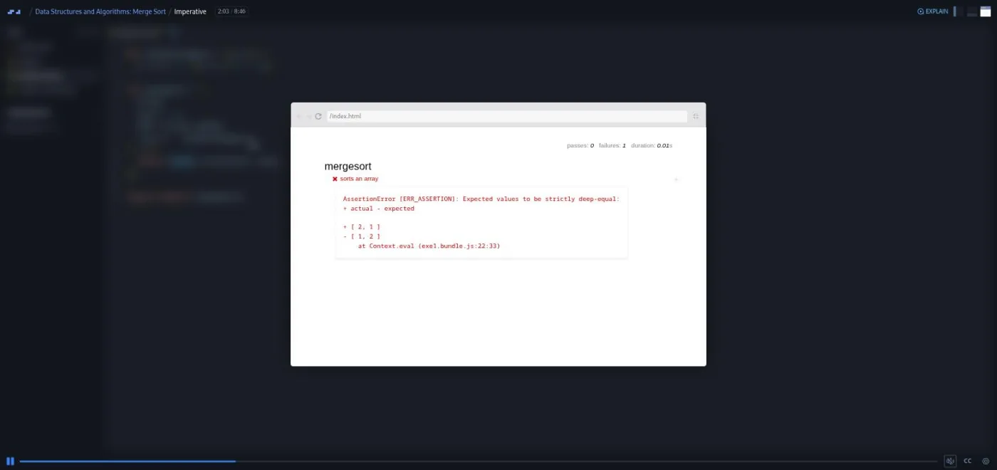 Data Structures and Algorithms: Merge Sort, imperative lesson: a test runner popup shows one failing test over the editor.